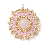 Natural Rose Quartz Flat Round Pendants, Woven Handmade Japanese Seed Bead Charms, 27.5~28x25~25.5x8.5mm, Hole: 3.5mm(PALLOY-MZ00135-08)