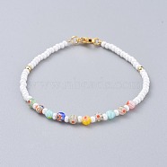 Millefiori Glass Beaded Bracelets, with Round Glass Seed Beads, Brass Beads and 304 Stainless Steel Lobster Claw Clasps, Colorful, 7-1/8 inch(18cm), 3mm(BJEW-JB04643)