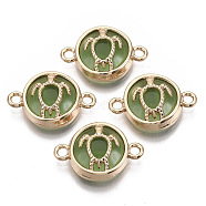 Glass Links connectors, with Light Gold Plated Alloy Findings, Flat Round with Tortoise, Lime Green, 13.5x19.5x5.5mm, Hole: 1.6mm(GLAA-T015-24C)
