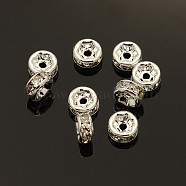 Brass Rhinestone Spacer Beads, Grade AAA, Straight Flange, Nickel Free, Silver Color Plated, Rondelle, Crystal, 6x3mm, Hole: 1mm(X-RB-A014-Z6mm-01S-NF)