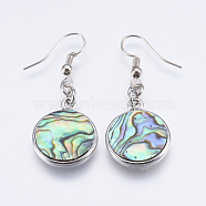 Abalone Shell/Paua Shell Dangle Earrings, with Brass Findings, Flat Round, Platinum, 45mm, Pin: 0.7mm(EJEW-F147-A08)