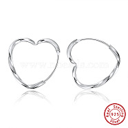 Rhodium Plated 925 Sterling Silver Hoop Earrings, Heart, Real Platinum Plated, 22x23x2mm(STER-M116-01P)