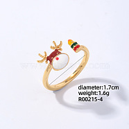 Christmas Deer Golden Brass Open Cuff Ring, Inner Diameter: 17mm(EG7863-1)