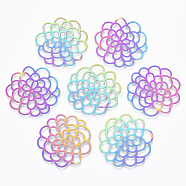 Ion Plating(IP) 201 Stainless Steel Filigree Joiners Links, Etched Metal Embellishments, Flower, Rainbow Color, 31.5x30.5x0.4mm, Hole: 1.5mm(X-STAS-T057-23)