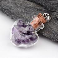 Heart Glass Bottle with Amethyst inside Pendants, with 304 Stainless Steel Findings, 31x22x11mm, Hole: 7x4mm(PALLOY-JF00172-04)