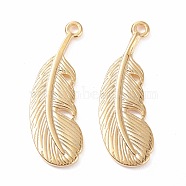 304 Stainless Steel Pendants, Feather, Golden, 29x10x1.5mm, Hole: 1.4mm(STAS-B024-46G-02)