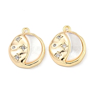 Brass Micro Pave Clear Cubic Zirconia Pendants, with White Shell, Flat Round Charms, Real 18K Gold Plated, 15.8x13.5x3mm, Hole: 1.4mm(KK-L211-017G-01)