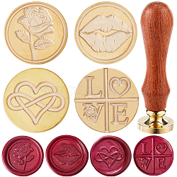 4Pcs 4 Styles Valentine's Day Theme Golden Tone Brass Wax Seal Stamp Head, with 1Pc Pear Wood Handle, for DIY Scrapbooking, Mixed Shapes, 25x14mm, 1pc/style(AJEW-CP0007-49A-05)