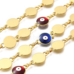 Flat Round with Evil Eye Brass Chains, Lead Free & Cadmium Free, Real Gold 18K Planted, Unwelded, Mixed Color, 16mm(KK-D339-16G)