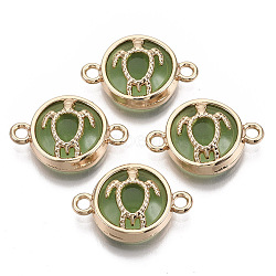 Glass Links connectors, with Light Gold Plated Alloy Findings, Flat Round with Tortoise, Lime Green, 13.5x19.5x5.5mm, Hole: 1.6mm(GLAA-T015-24C)