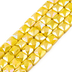 Electroplate Opaque Solid Color Glass Beads Strands, AB Color Plated, Faceted, Square, Yellow, 6x6x4.5mm, Hole: 1.2mm, about 95~98Pcs/strand, 24.41 inch(62cm)(EGLA-N002-42-03)