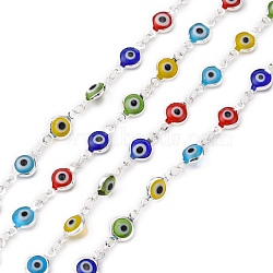 Handmade Flat Round Brass Lampwork Evil Eye Beaded Chains, Unwelded, with Spool, Silver Color Plated, 13x7x2mm, about 16.4 Feet(5m)/roll(CHC-P002-01S)