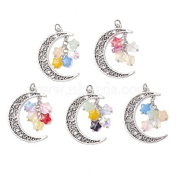 5Pcs Alloy Glass Pendants, Filigree Moon & Star Charm, Mixed Color, 41x32.5x9.5mm, Jump Ring: 6x1mm, Inner Diameter: 4mm(PALLOY-JF05202)