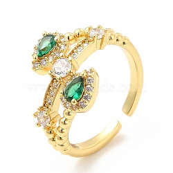 Green Cubic Zirconia Teardrop Open Cuff Ring, Rack Plating Brass Jewelry for Women, Cadmium Free & Lead Free, Golden, US Size 6(16.5mm)(RJEW-E064-08G)