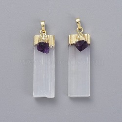 Natural Calcite Big Pendants, with Natural Amethyst and Brass Findings, Rectangle, Golden, 55~63x16~23x12.5~15mm, Hole: 8x3~5mm(G-L547-002B-G)