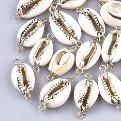 Electroplate Cowrie Shell Links connectors, with Iron Findings, Golden, 21~27x10~14x6mm, Hole: 1.5mm(X-SHEL-S266-03)