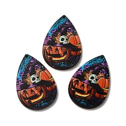 Single Face Printed Wood Big Pendants, Halloween Teardrop Charms, Colorful, 54x36.5x2.6mm, Hole: 2mm(WOOD-H102-04B)