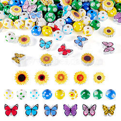 20 Styles Printed Wood Beads, Butterfly & Round, Mixed Color, 15.5~20x15.5~20x6~16mm, Hole: 2~4.5mm(WOOD-TA0002-65)