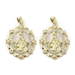 Brass Pave Shell Pendants, Religion Virgin Mary Charms with ABS Imitation Pearl, Real 18K Gold Plated, Oval, 29.5x23x3mm, Hole: 3.5x4mm(KK-I708-16B-G)