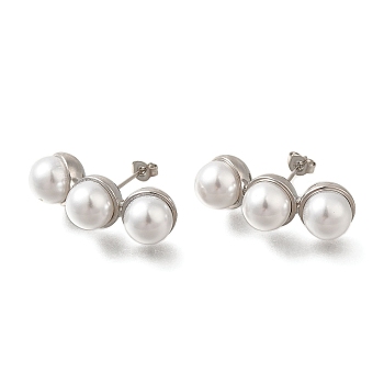 Rack Plating Round Brass & ABS Imitation Pearl Stud Earrings, Lead Free & Cadmium Free, Long-Lasting Plated, Platinum, 29.5x10mm