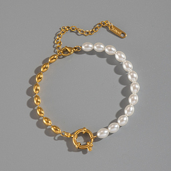 Fashion Plastic Pearl & 304 Stainless Steel Oval Beaded Link Bracelets for Women, Real 18K Gold Plated, 6-3/4 inch(17cm)