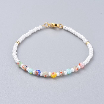 Millefiori Glass Beaded Bracelets, with Round Glass Seed Beads, Brass Beads and 304 Stainless Steel Lobster Claw Clasps, Colorful, 7-1/8 inch(18cm), 3mm