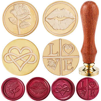 4Pcs 4 Styles Valentine's Day Theme Golden Tone Brass Wax Seal Stamp Head, with 1Pc Pear Wood Handle, for DIY Scrapbooking, Mixed Shapes, 25x14mm, 1pc/style