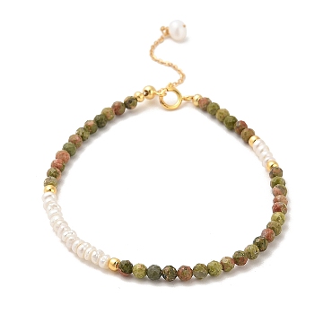 Natural Unakite Bead Bracelets, with Sterling Silver Beads and Pearl Beads, Real 18K Gold Plated, 16.2cm