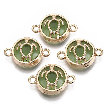 Glass Links connectors, with Light Gold Plated Alloy Findings, Flat Round with Tortoise, Lime Green, 13.5x19.5x5.5mm, Hole: 1.6mm