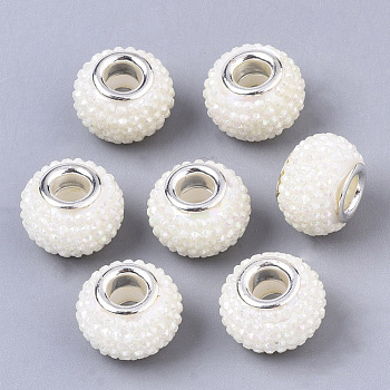 Resin Rhinestone European Beads, Large Hole Beads, with Platinum Tone Brass Double Cores, AB Color, Rondelle, Berry Beads, Beige, 14x10mm, Hole: 5mm