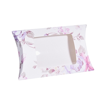 Paper Pillow Boxes, Gift Candy Packing Box, with Clear Window, Floral Pattern, White, 12.5x8x2.2cm
