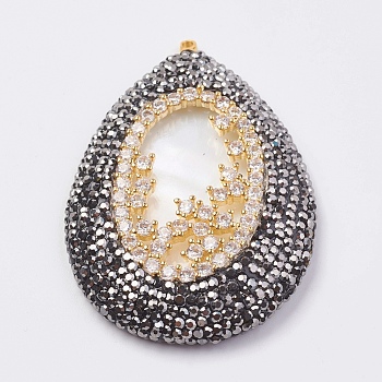 Shell Big Pendants, with Rhinestone, with Polymer Clay Rhinestone and Brass Findings, teardrop, Golden, 56x38x8mm, Hole: 1.4mm