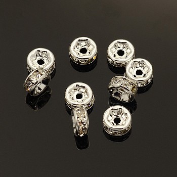 Brass Rhinestone Spacer Beads, Grade AAA, Straight Flange, Nickel Free, Silver Color Plated, Rondelle, Crystal, 6x3mm, Hole: 1mm