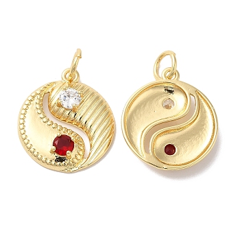Brass Micro Pave Clear & Red Cubic Zirconia Pendants, with Jump Ring, Yin-yang Charm, Real 18K Gold Plated, 23x20x4.5mm, Hole: 3mm