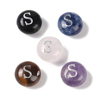 Natural Mixed Gemstone Beads, Flat Round with Letter, Letter S, 8.5~9x5~5.5mm, Hole: 1.2mm