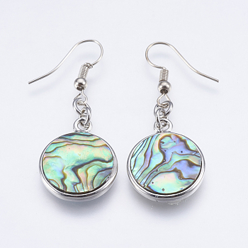 Abalone Shell/Paua Shell Dangle Earrings, with Brass Findings, Flat Round, Platinum, 45mm, Pin: 0.7mm
