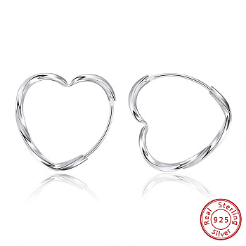 Rhodium Plated 925 Sterling Silver Hoop Earrings, Heart, Real Platinum Plated, 22x23x2mm