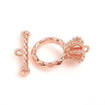 Brass Toggle Clasps, Crown, Rose Gold, Ring: 19x12.5x9mm, Hole: 1mm, Bar: 19x5.5x3.5mm, Hole: 1.2mm