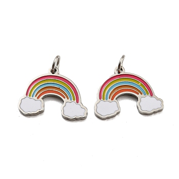 304 Stainless Steel Charms, with Enamel and Jump Ring, Rainbow Charm, Stainless Steel Color, 11x14x1mm, Hole: 2.5mm