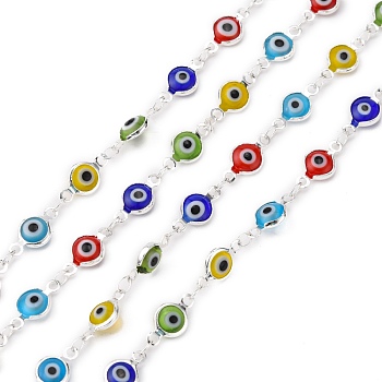 Handmade Flat Round Brass Lampwork Evil Eye Beaded Chains, Unwelded, with Spool, Silver Color Plated, 13x7x2mm, about 16.4 Feet(5m)/roll
