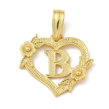 Heart Brass Pendants, Long-Lasting Plated, Cadmium Free & Lead Free, Real 18K Gold Plated, Letter B, 18x20x3mm, Hole: 3.5x7mm