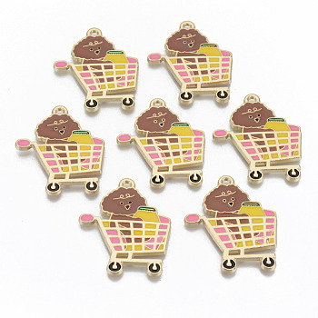 Alloy Enamel Pendants, Cadmium Free & Lead Free, Teddy in Shopping Cart, Light Gold, Colorful, 37x30x1.5mm, Hole: 2mm