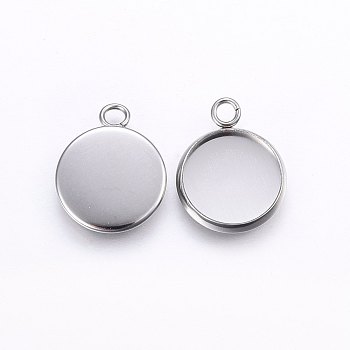 304 Stainless Steel Pendant Cabochon Settings, Plain Edge Bezel Cups, Flat Round, Stainless Steel Color, Tray: 12mm, 17.5x14x2mm, Hole: 2.5mm
