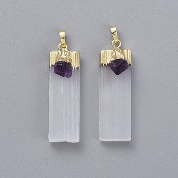 Natural Calcite Big Pendants, with Natural Amethyst and Brass Findings, Rectangle, Golden, 55~63x16~23x12.5~15mm, Hole: 8x3~5mm