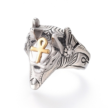 304 Stainless Steel Wide Band Rings, Wolf with Ankh Cross, Antique Silver & Golden, Size 7~12, 17~22mm