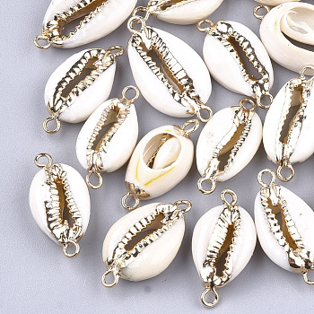 Electroplate Cowrie Shell Links connectors, with Iron Findings, Golden, 21~27x10~14x6mm, Hole: 1.5mm