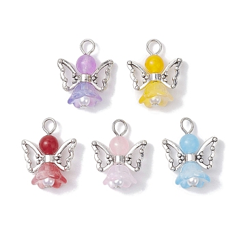 Natural Dyed Malaysia Jade Pendants, Flower Angel Charms with Antique Silver Plated Alloy Wings, Mixed Color, 22.5x18x11mm, Hole: 3~3.5mm