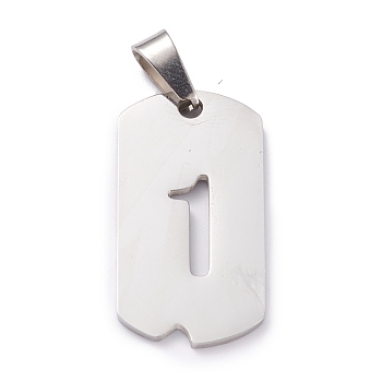 304 Stainless Steel Pendants, Rectangle with Number, Stainless Steel Color, Num.1, 27.5x14.5x1.5mm, Hole: 7.5x3mm