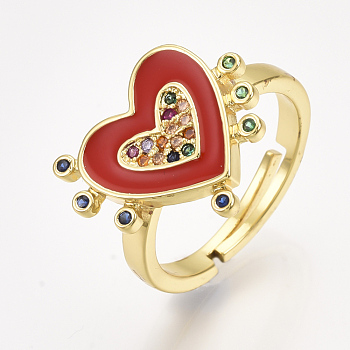 Adjustable Brass Micro Pave Cubic Zirconia Finger Rings, with Enamel, Heart, Red, Size 7, 17mm