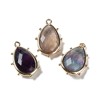 Natural Fluorite Pendants, with Platinum Brass Edge, Faceted, Teardrop, 22.5x14x5.5mm, Hole: 1.6mm.